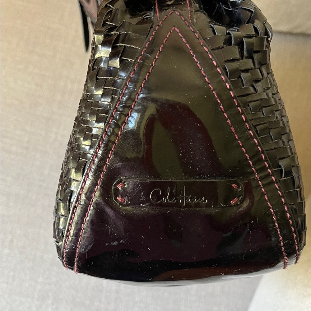 Cole Haan Genevieve Patent Black Woven Shoulder Bag with Plum Stitching - Picture 10 of 12